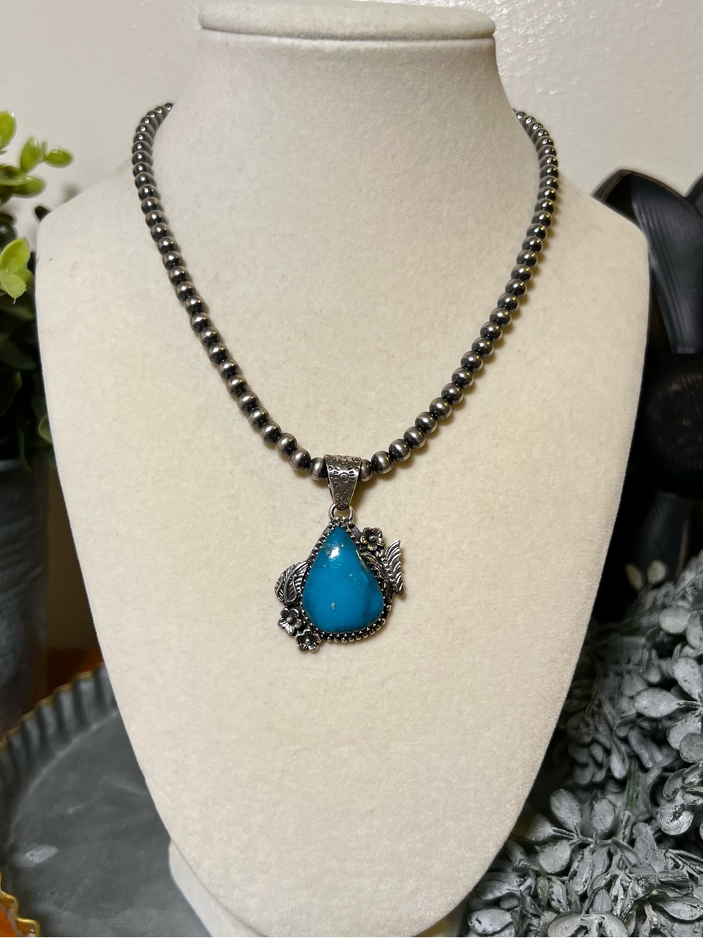 925 Sterling Silver Kingman Turquoise Teardrop Pendant Floral Southwest - Picture 9 of 12